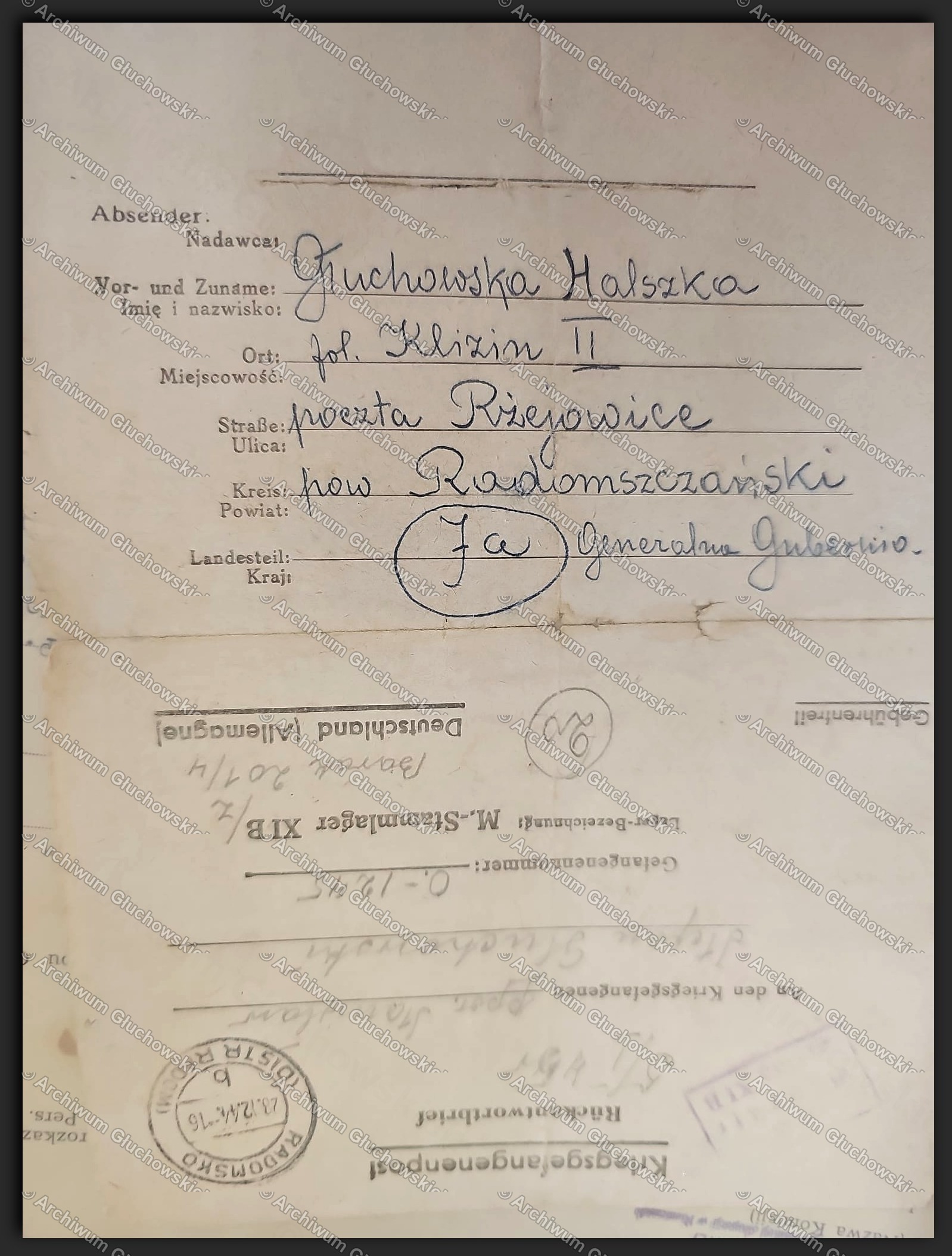 Kriegsgefangenenpost — Rückantwortbrief DO ppor. Stanisława Stefana Głuchowskiego, Stammlager XI B, barak 201/4