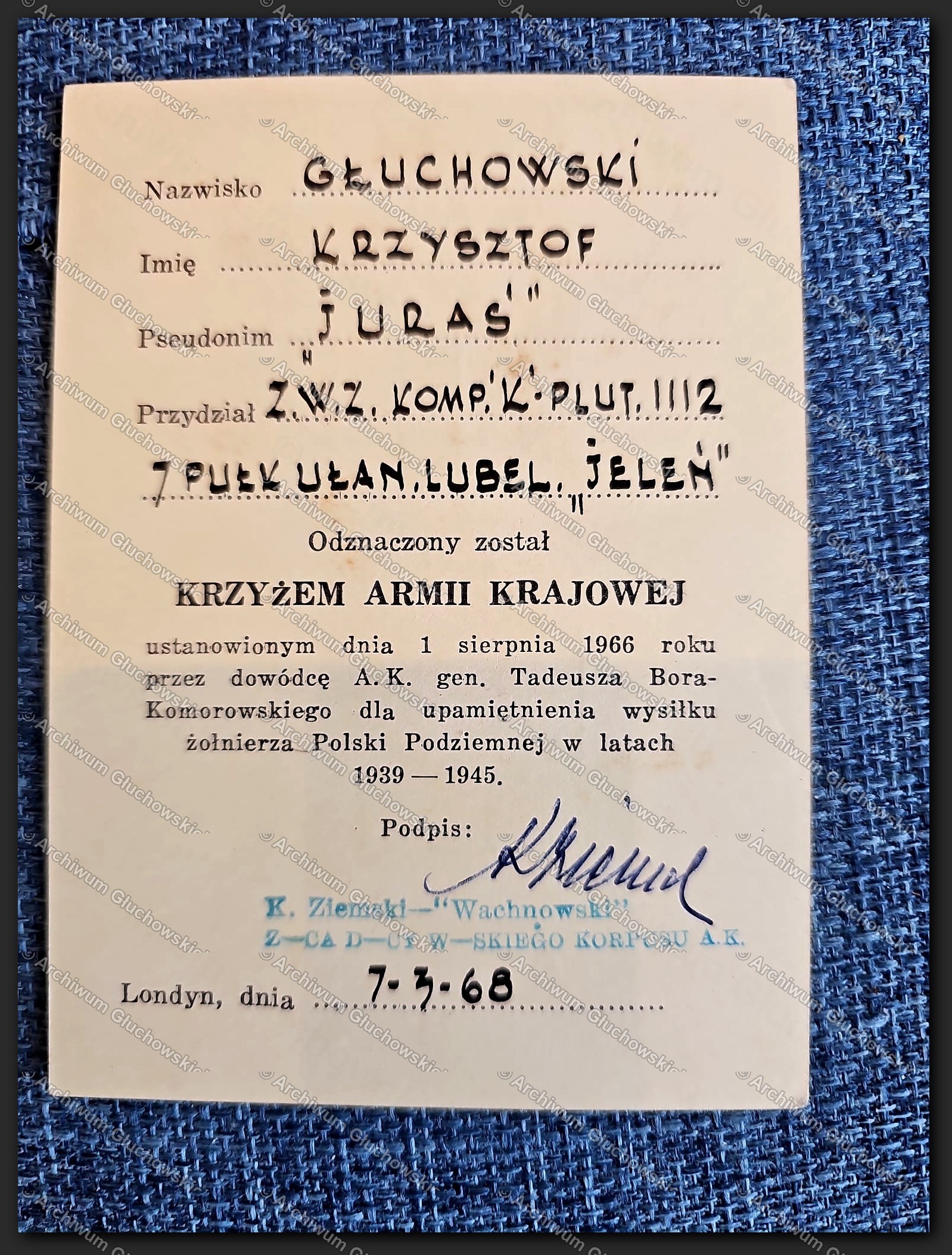 Legitymacja Krzyża Armii Krajowej — Krzysztof Głuchowski 'Juraś', nr 3316, 7 p.ul. Jeleń