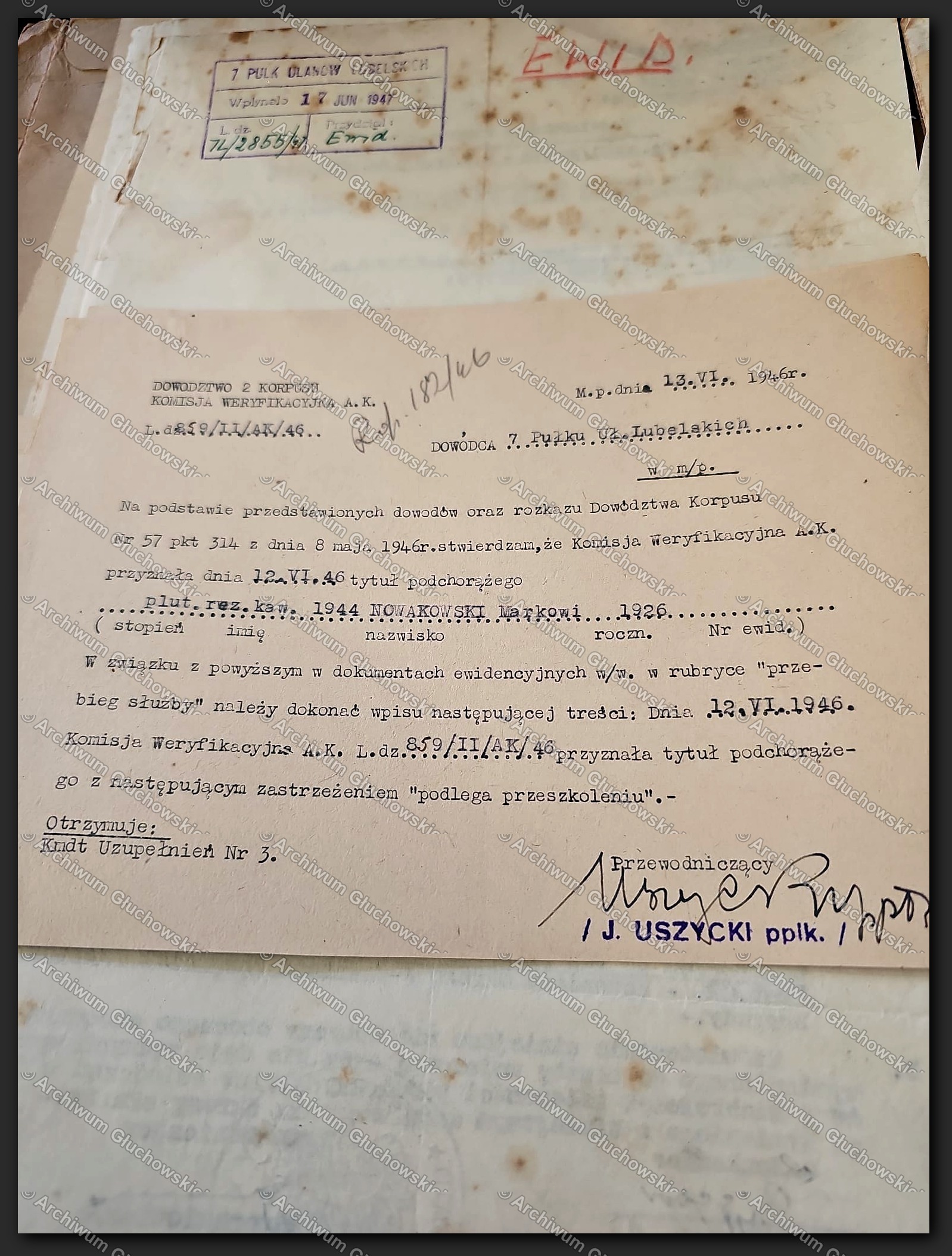 Dokument Komisji Weryfikacyjnej AK, 2 Korpus, 1946