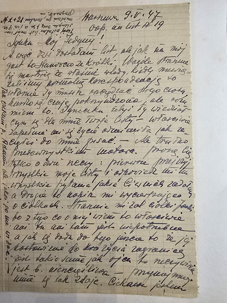 List Wandy — 9.V.47, odpowiedź na list N19, teatr, gastronomia Żoliborza