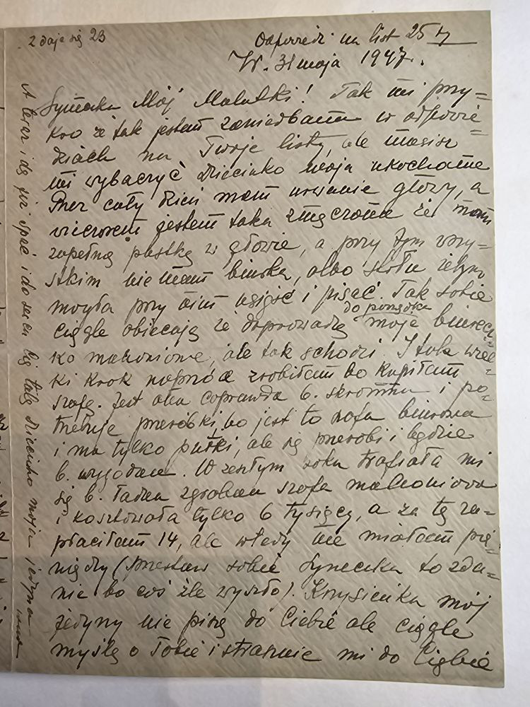 List Wandy — 31 maja 1947, sofa, ojciec jedzie, widoki Warszawy