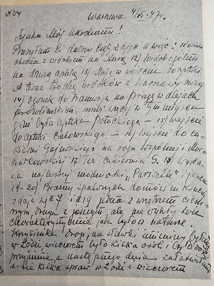 List Wandy — 4.VI.47, lista widoków Warszawy, Łódź, opera, apteka na Kruczej
