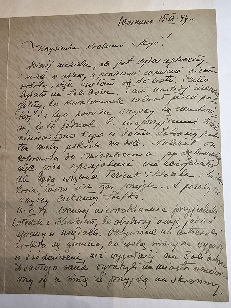 List Wandy — 15-17.VI.47, apteka, Żoliborz, Stefek, wystawa kryształów