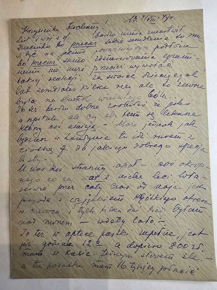 List Wandy — 10.VIII.47, szpital, upały, tenis, rakiety, garnitur