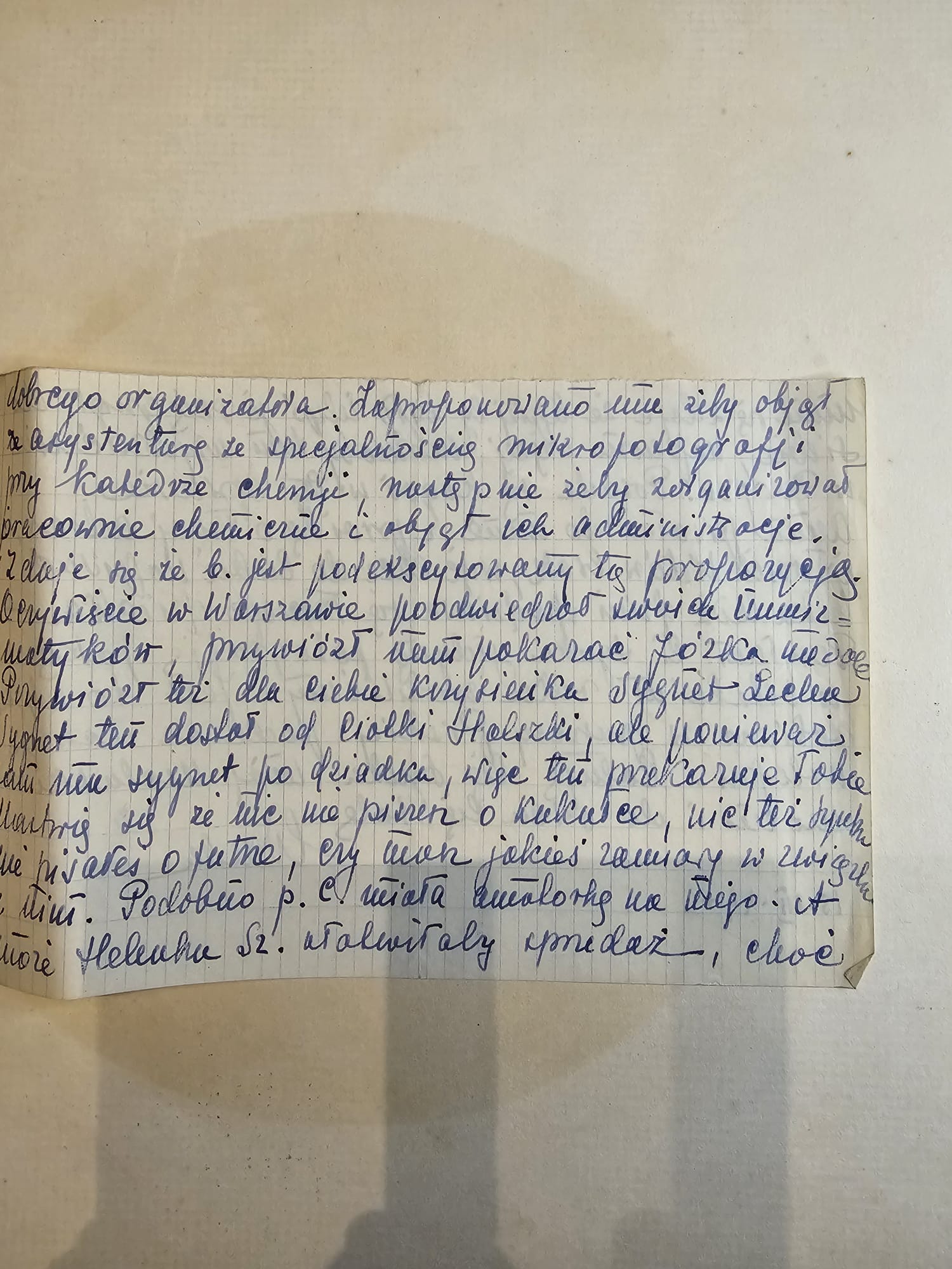 Fragment listu Wandy — b.d. ~XII.1949-I.1950, asystentura, mikrofotografia, Katedra Chemii
