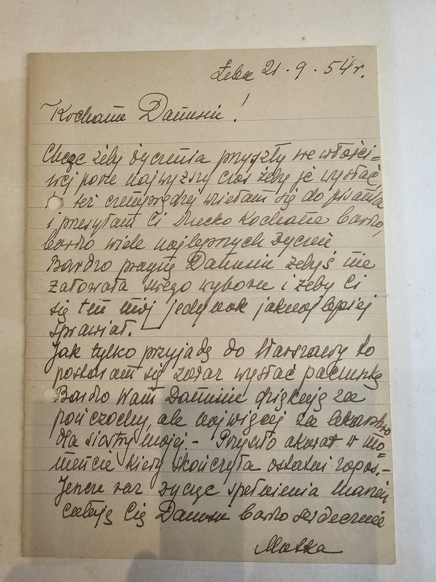 LIST WANDY DO DAMUSI — Łeba, 21.IX.1954, 'Kochana Danniu!', podpis 'Matka'