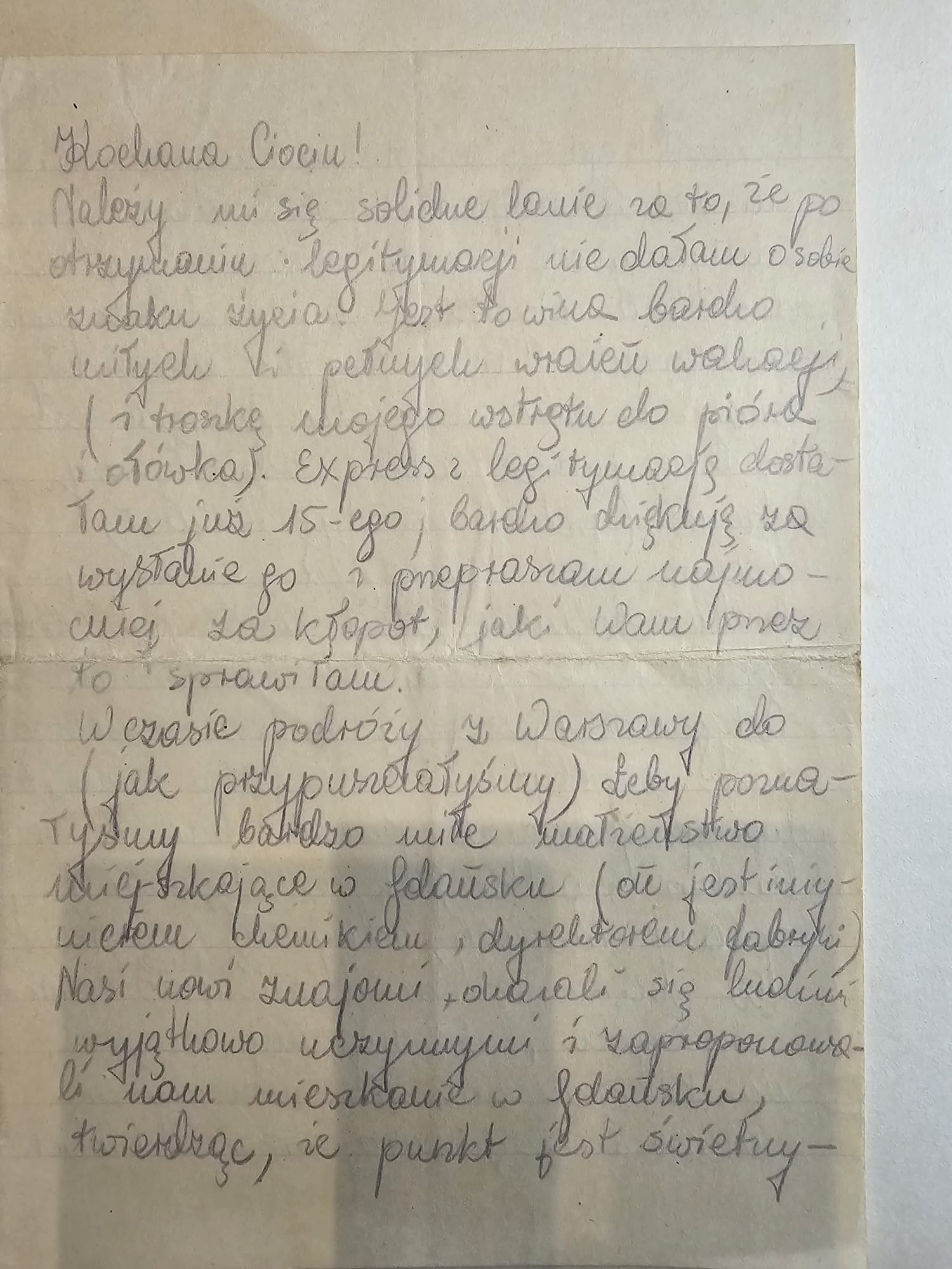 List Ewy (?) do Wandy — ~1952, 'Kochana Ciociu!', legitymacja studencka