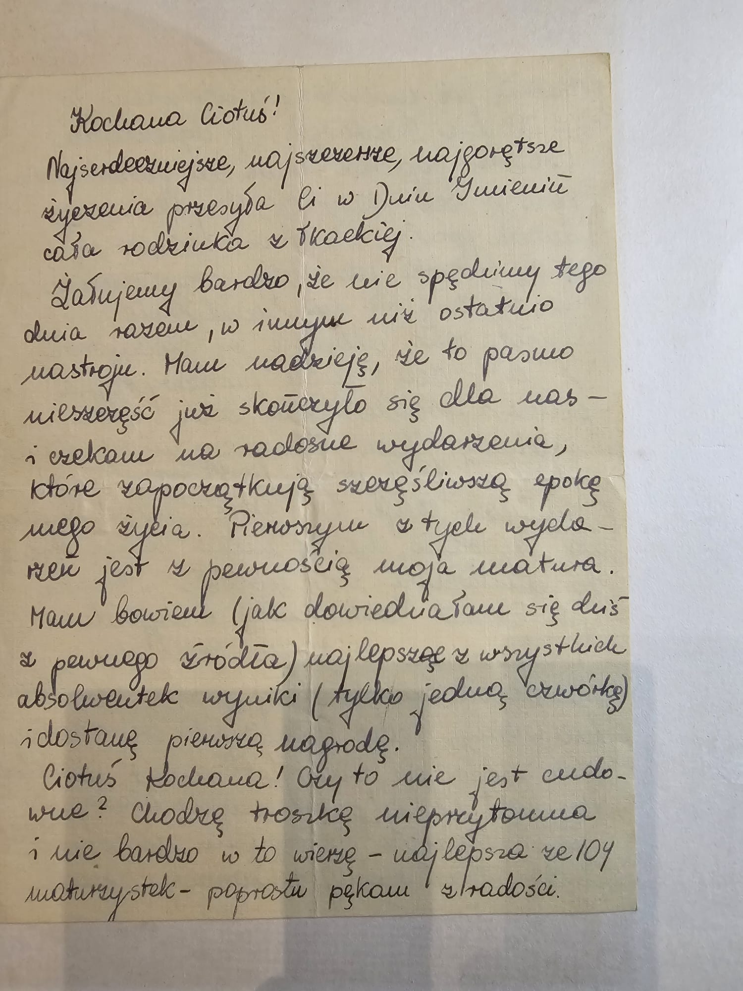 List Ewy (?) do Wandy — MATURA z najlepszym wynikiem, 'Kochana Ciociu!', imieniny Wandy