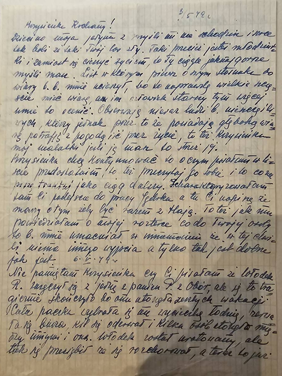 List Wandy — 3.V.1949, wiara, Włodek R. zaręczony — narzeczona utonęła, Stefek pogorszyło się