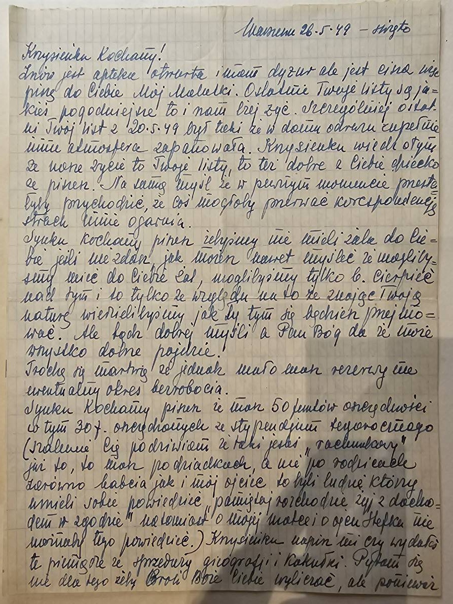 List Wandy — 26.V.1949 (święto), stypendium 50 funtów, Karik w Świdnicy, środek POS